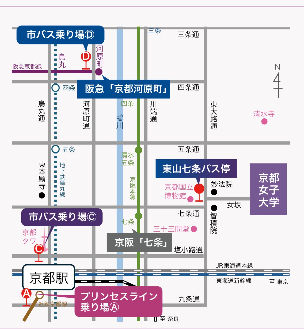 京都駅から京都女子大学までの路線とバス乗り場（Ⓐプリンセスライン乗り場、Ⓒ市バス乗り場、Ⓓ市バス乗り場、東山七条バス停）を示した地図