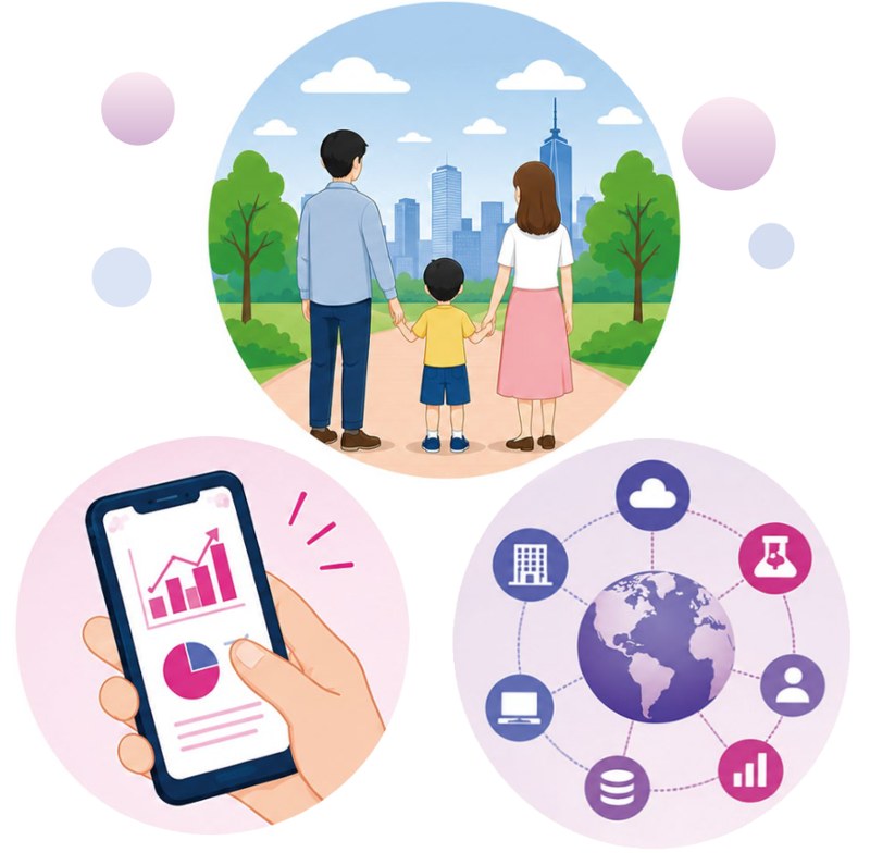 家族と街並み、スマートフォンのグラフ、地球とデータをつなぐネットワークのイラスト